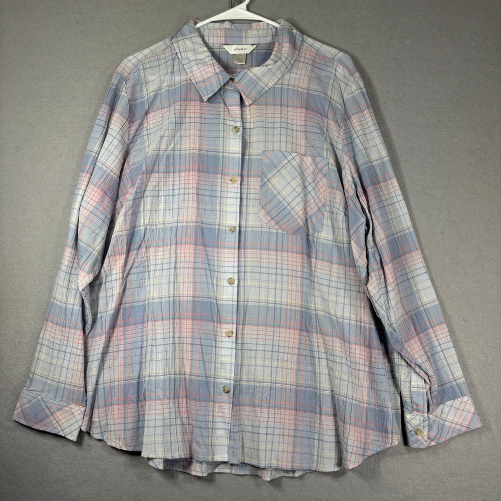 CJ‎ Banks Plaid Button Down Shirt Womens 2X Plus 100% Cotton Roll Tab Sleeve New